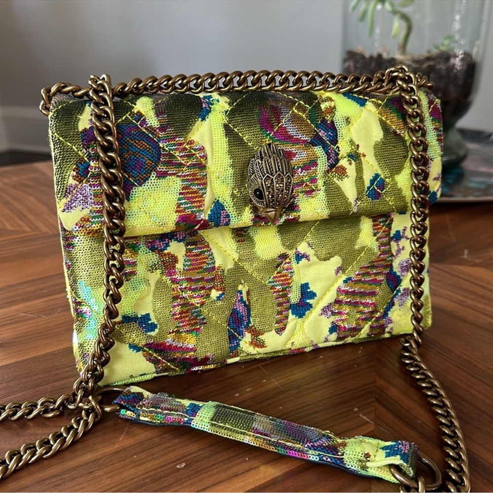 Kurt Geiger London Sequin Neon Yellow and Green Crossbody Bag with Chain Strap